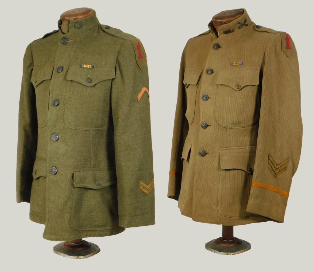 Two U.S. WWI 1st Division Tunics: United States,C. 1917-19 An officers whipcord tunic with a 1st Division patch on the left shoulder, service stripes on the sleeve, U.S. and crossed cannon on the collar, a Victory ribbon bar with five