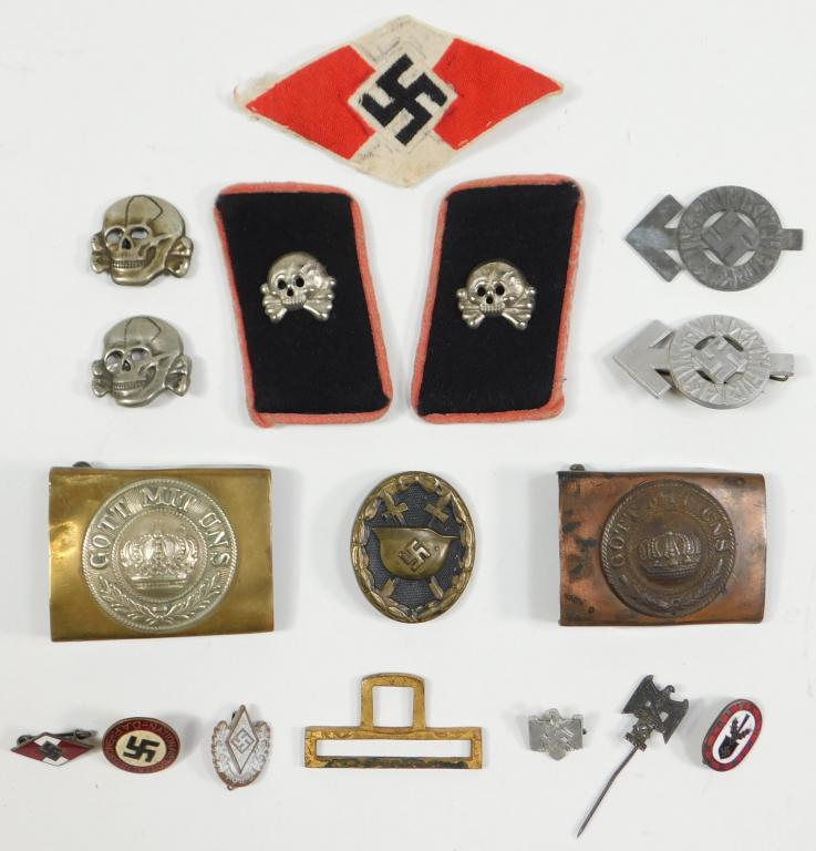 Group of German Insignia: Germany,C. 1914-45 Two Imperial German belt buckles, a pair of panzer collar tabs, two panzer skulls, a party pin, a wound badge, small RAD pin, a Hitler Youth patch, and tinnies. From the collection 