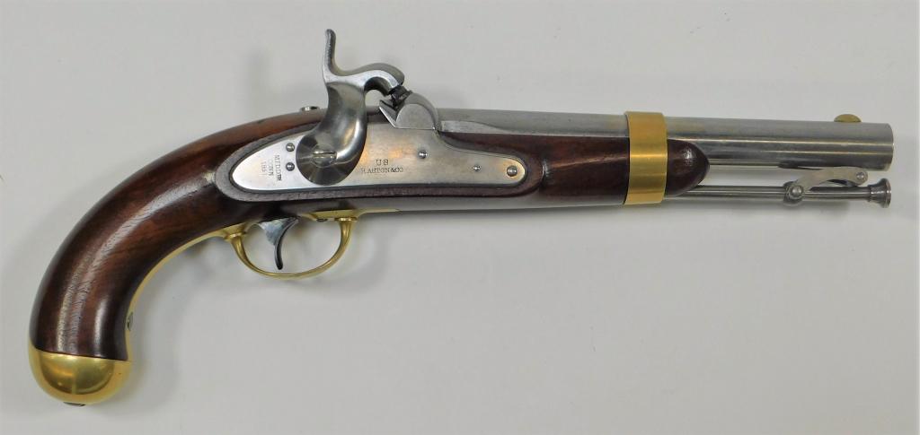 Model 1842 Percussion Pistol: United States,C. 1851 .54 bore, walnut stock with cartouche marks on the left side, brass butt cap, trigger guard, back strap, front sight, side plate, extension, and front band, lock marked in front 