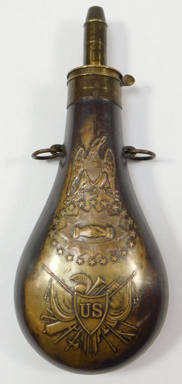Batty Peace Flask: United States,C. 1850 Copper flask with brass spout and lever, marked on the top "BATTY," "ADK," and "1850", stamped with an eagle over a circle of stars, with central clasped hands, and a panoply of