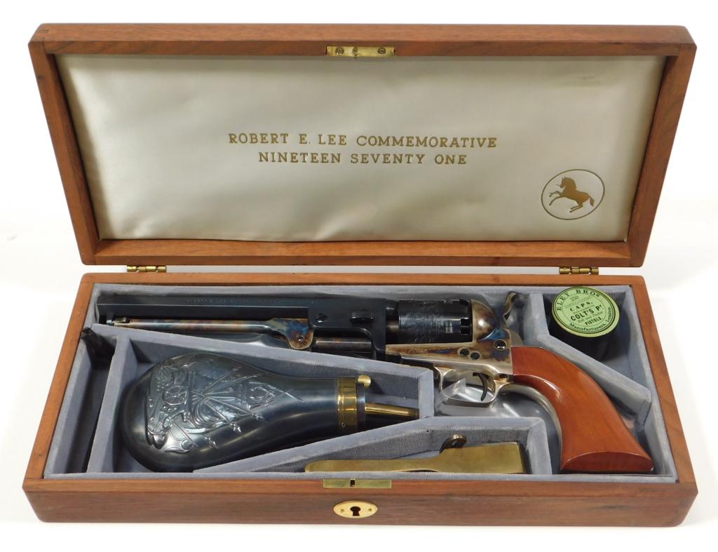 Cased Reproduction Colt Robert E. Lee Revolver: United States,C. 1971 .36 caliber, serial number 3871 REL, walnut grips, silver plated brass back strap and trigger guard, case hardened frame, hammer, and loading lever, blued cylinder and barrel, ba