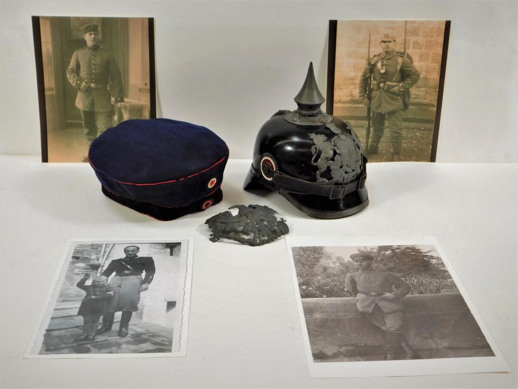 WWI Imperial German Group: Germany,C. early 20th century a Model 1915 Wurttemberg picklehaub, a Prussian Model 15 eagle, a Wurttemberg field cap, and images of the soldier wearing them. Note: Purchase from the son of the soldie