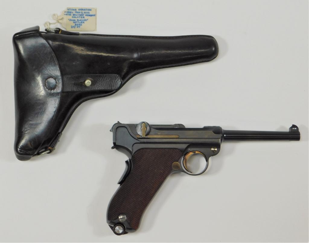 DWM Model 1900 Swiss Luger and Holster: Germany,C. 1900 7.65 caliber, serial number 4306, checkered walnut grips, military rust blue finish, marked "DWM" on the toggle, with Swiss cross in a sunburst, with Swiss proof marks over "P25," wood