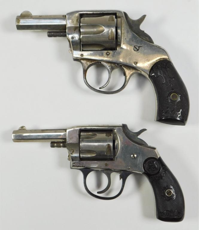 Two Small Pocket Revolvers: United States,C. early 20th century A .32 caliber H&R Bulldog with nickel finish and plastic grips, and a .32 caliber Iver Johnson Model 1900 with nickel finish and plastic grips. Note: FFL/C&R