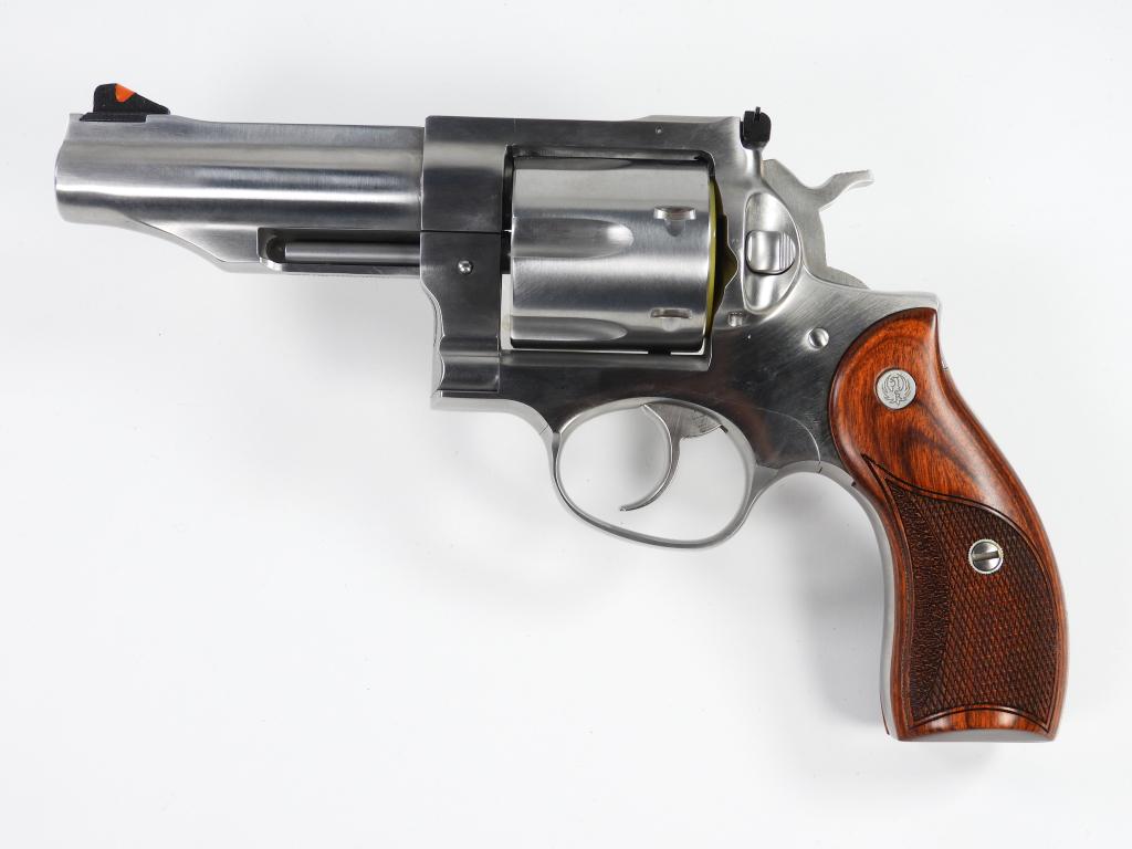 Ruger Redhawk Revolver: United States,C. 2015 .45 auto/.45 Colt, serial number 503-78506, checkered rose wood grips with Ruger medallions, stainless finish, marked on the right side of the frame "RUGER REDHAWK" and on the ri