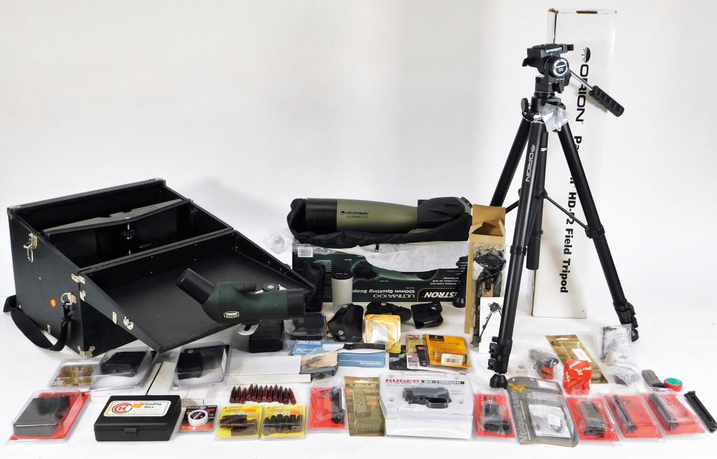 Group of Assorted Gun Parts: , Magazines, knives, choke tube, trigger assemblies, snap caps, a shooting box with spotting scope, a new bipod, a 34/40 Rapine mold, reloading dies, and a new Celestron spotting scope and tripod.