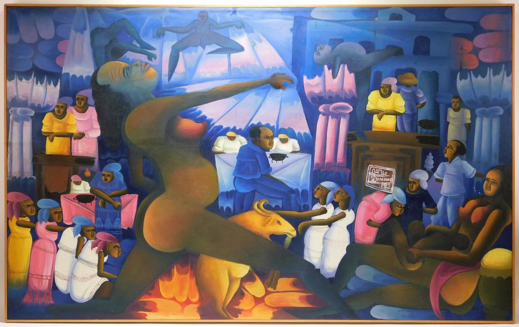 Attr. Hughes Domond Haitian Folk Art Painting: Attr. Hughes Domond Haiti,20th Century Depicts a naked woman dancing around a fire and goat surrounded by an audience and various other nude figures. Oil on canvas,Canvas 31" x 49 5/8",Frame 31 1/8" x
