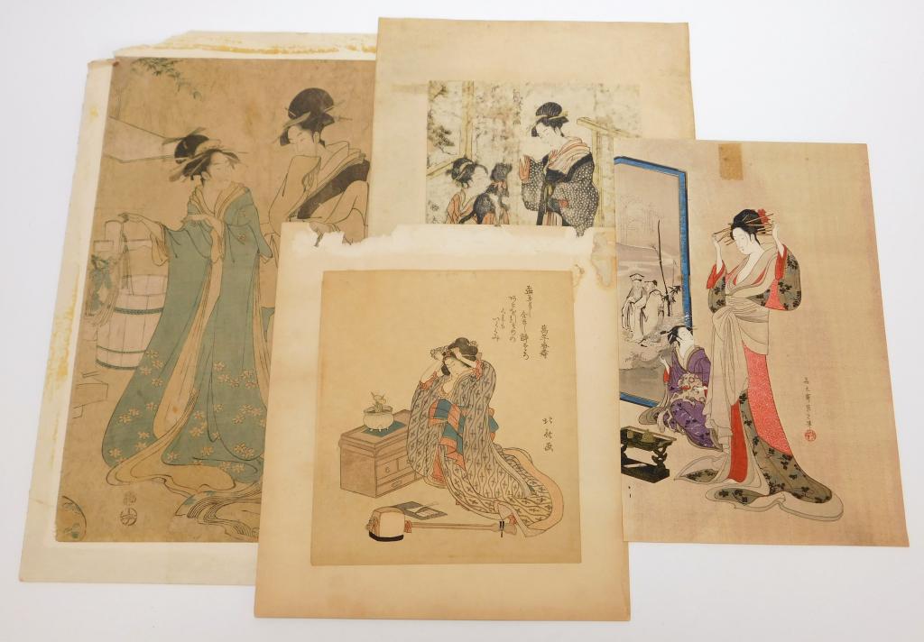 4PC Hokusai Shunzan Eisho Geisha Woodblock Prints (1 of 12)