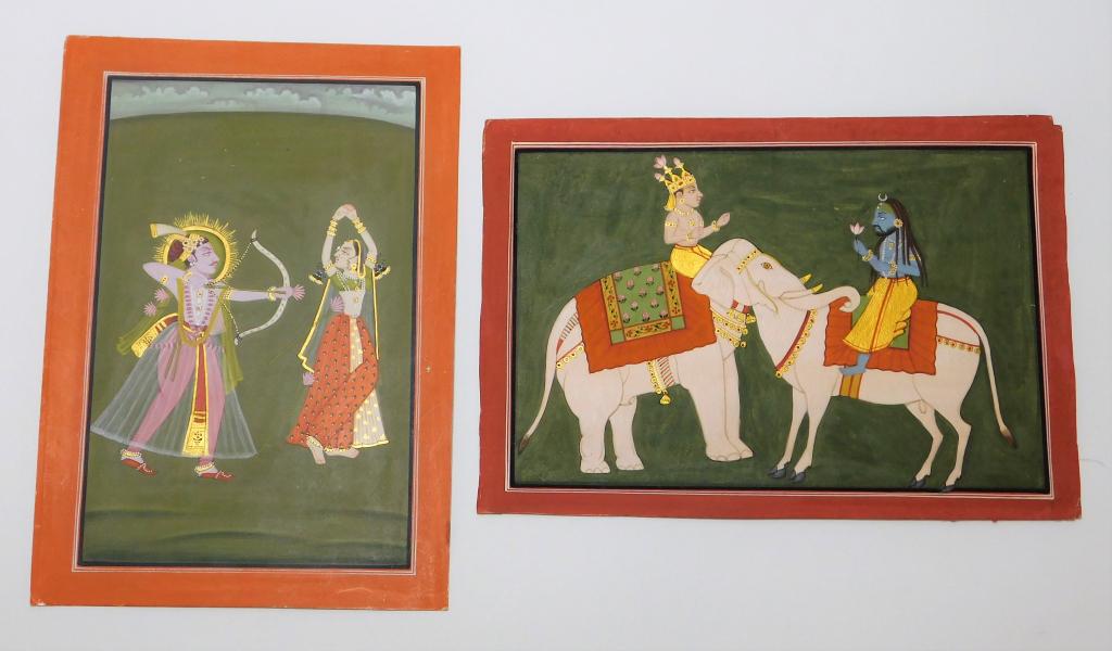 2PC Indian Udaipur & Jodhpur School Paintings: India,19th Century Includes an Udaipur school depiction of Krishna seated in an elephant while Shiva sits upon a bull holding a lotus, and a Jodhpur school depiction of Maharajah shooting flowers at M