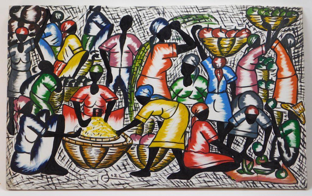 Attr. Lucien Joel Haitian Folk Art Painting: Attr. Lucien Joel Haiti,Contemporary Depicts a semi abstract market scene with women carrying large baskets of fruit and and gathering around figures seated in the foreground. Oil on canvas,22" x 35 7