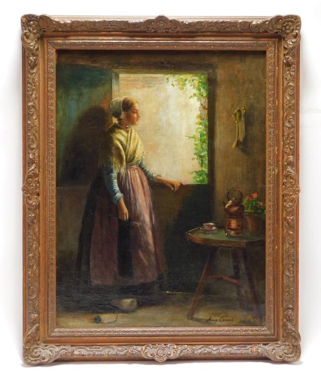 Amy Cross Impressionist Woman At Window Painting: Amy Cross New York, Wisconsin,1856-1939 Depicts a young woman gazing out a window holding her unfinished knitting project, light from the morning sun shining down on her face. Oil on canvas,Canvas 21