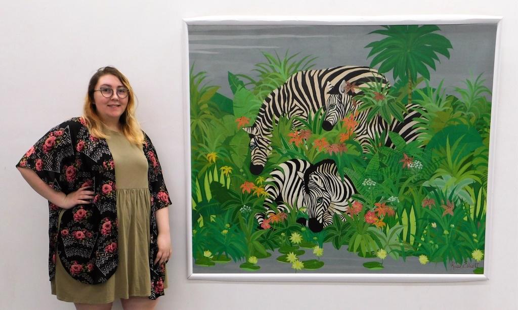 Russ Elliot Monumental Zebra Painting: Russ Elliot United States,20th Century Depicts three zebras hidden behind tall grass, dense foliage, and colorful flowers. Oil on canvas,Canvas 49 1/2" x 59 1/2".Frame 52" x 61" From the collection of