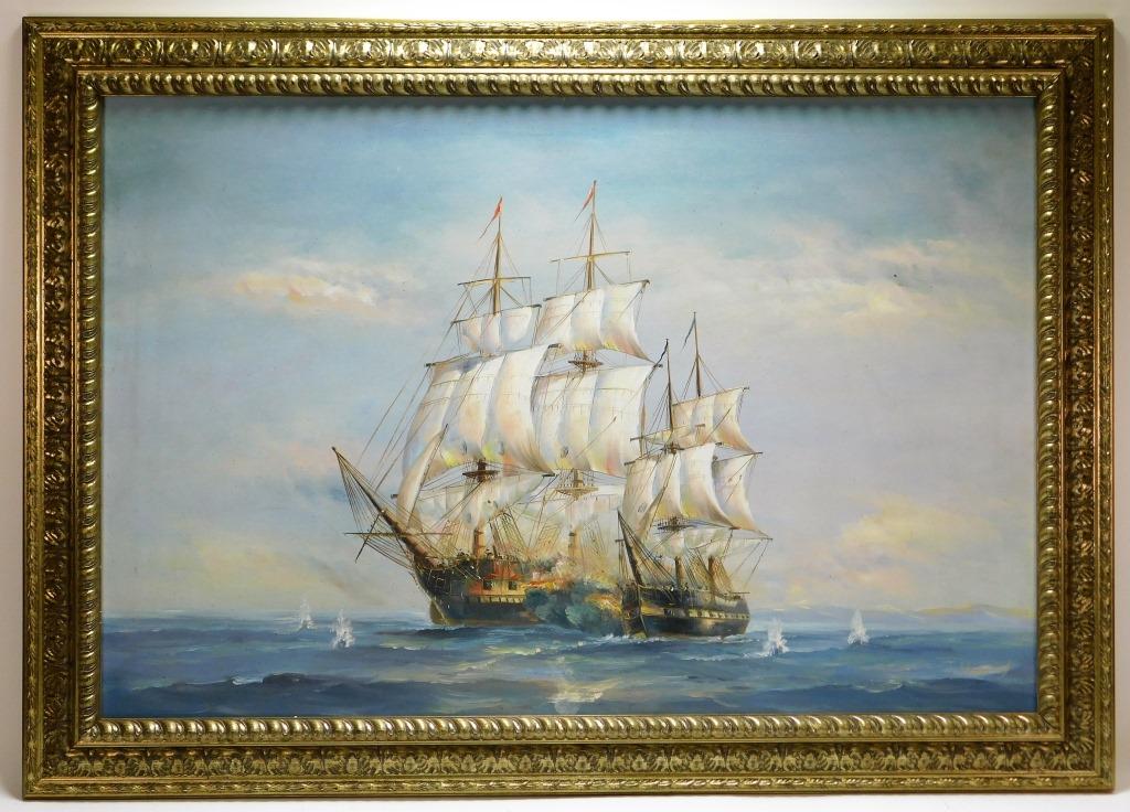J. Harvey aft. James Hardy Naval Battle Painting: J. Harvey United States,20th Century Dynamic depiction of two ships engaged in combat with with heavy smoke between the two, crowned born torn and flaming sails while canon balls break the ocean's sur