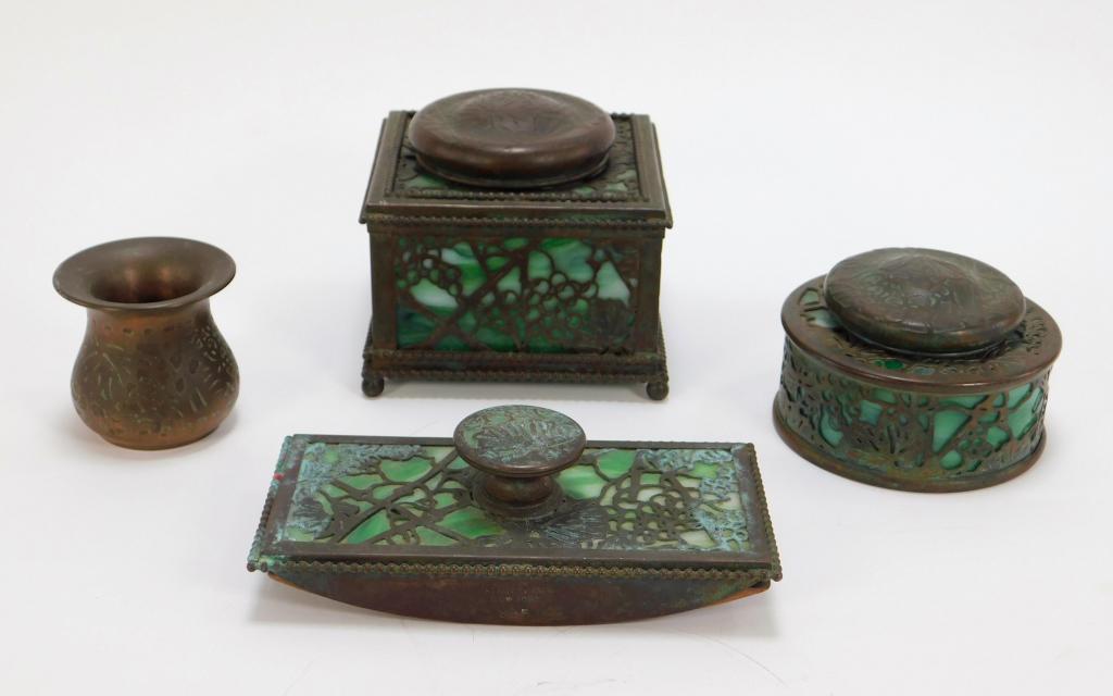 4PC Tiffany Bronze & Slag Glass Desk Set (1 of 12)