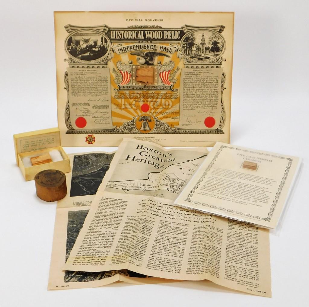 5PC Old North Church & Other Wood & Ephemera: Massachusetts,Late 19th-20th Century Includes a branch section marked "Old Elm Boston Common June 29 on 1860," two pieces of the original beam of the Old North Church made famous by Paul Revere that h