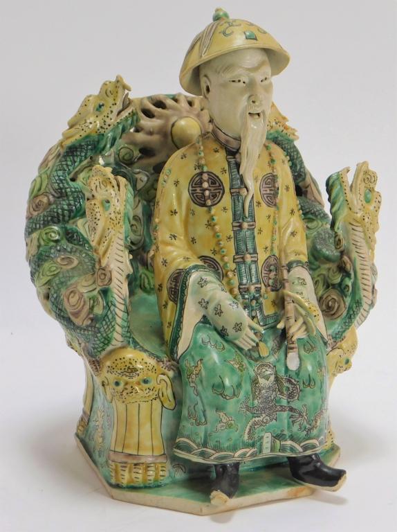 19C Chinese Sancai Seated Emperor Porcelain Statue (1 of 9)