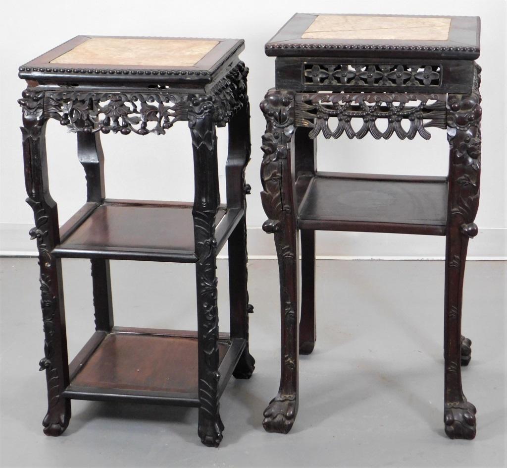 2PC Chinese Carved Wood & Rouge Marble Stands (1 of 6)