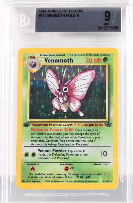 1999 Pokemon Jungle 1st Ed. Venomoth BGS 9: United States,1999 1999 Pokemon Jungle 1st Edition Venomoth holographic trading card, BGS 9 MINT. BGS case 5 1/8" x 3 1/4"