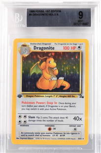 1999 Pokemon Fossil 1st Ed. Dragonite BGS 9: United States,1999 1999 Pokemon Fossil 1st Edition Dragonite holographic trading card, BGS 9 MINT. BGS case 5 1/8" x 3 1/4"