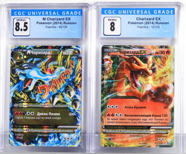 2PC 2014 Russian Pokemon Charizard EX CGC Group: Russia,2014 Group includes 2014 Russian Pokemon Flashfire Charizard EX (CGC 8) and M Charizard EX (CGC 8.5) holographic trading cards. CGC case 5 1/4" x 3"