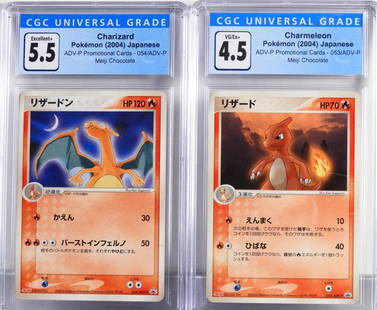 2004 JP Pokemon Meiji Charizard Charmeleon CGC: Japan,2004 Group includes 2004 Japanese Pokemon Meiji Chocolate promotional Charmeleon (CGC 4.5) and Charizard (CGC 5.5) trading cards. CGC case 5 1/4" x 3"