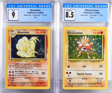 2 Pokemon Base Unl. Hitmonchan Ninetales CGC 8.5 9: United States,1999 Group includes 1999 Pokemon Base Unlimited Hitmonchan (CGC 8.5) and Ninetales (CGC 9) holographic trading cards. CGC case 5 1/4" x 3"