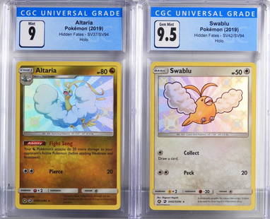 2PC Pokemon Hidden Fates Swablu Altaria CGC 9.5 9: United States,2019 Group includes 2019 Pokemon Hidden Fates Swablu (CGC 9.5) and Altaria (CGC 9) holographic trading cards. CGC case 5 1/4" x 3"