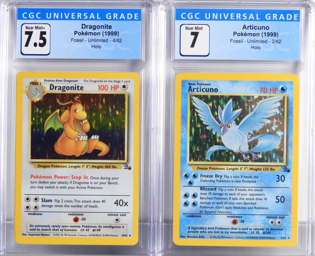 2 Pokemon Fossil Unl. Articuno Dragonite CGC Group: United States,1999 Group includes 1999 Pokemon Fossil Unlimited Articuno (CGC 7) and Dragonite (CGC 7.5) holographic trading cards. CGC case 5 1/4" x 3"