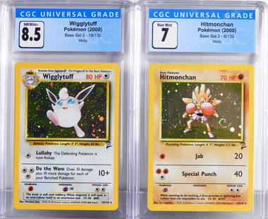 2PC 2000 Pokemon Base 2 Hitmonchan Wigglytuff CGC: United States,2000 Group includes 2000 Pokemon Base 2 Hitmonchan (CGC 7) and Wigglytuff (CGC 8.5) holographic trading cards. CGC case 5 1/4" x 3"