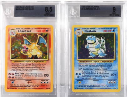 2PC 1999 Pokemon Base Unl. Blastoise Charizard BGS: United States,1999 Group includes 1999 Pokemon Base Set Unlimited Blastoise (BGS 9) and Charizard (BGS 8.5) holographic trading cards. BGS case 5 1/8" x 3 1/4"