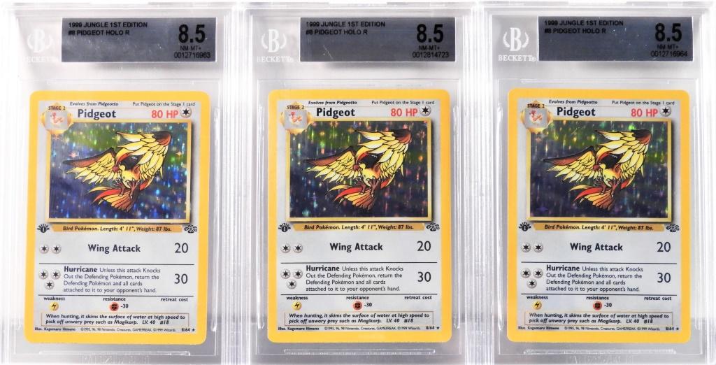 3PC 1999 Pokemon Jungle 1st Ed. Pidgeot BGS 8.5: United States,1999 Group includes three 1999 Pokemon Jungle 1st Edition Pidgeot holographic trading cards, all BGS 8.5 NM-MT+. BGS case 5 1/8" x 3 1/4"