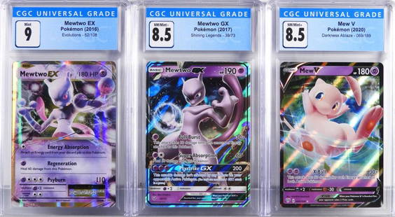 3PC Pokemon Mewtwo EX GX Mew V CGC Holo Group: United States,2016-2020 Group includes 2016 Pokemon Evolutions Mewtwo EX (CGC 9), 2017 Shining Legends Mewtwo GX (CGC 8.5), and 2020 Darkness Ablaze Mew V (CGC 8.5) holographic trading cards. CGC case