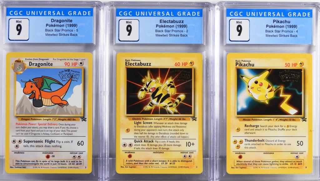 Pokemon Black Star Dragonite Electabuzz Pikachu: United States,1999 Group includes 1999 Pokemon Black Star Promos Dragonite (CGC 9), Electabuzz (CGC 9), and Pikachu (CGC 9) trading cards. CGC case 5 1/4" x 3"