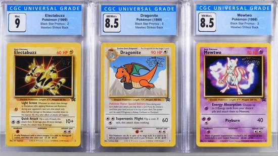 3PC 1999 Pokemon Black Star Promos CGC Card Group: United States,1999 Group includes 1999 Pokemon Black Star Promos Dragonite (CGC 8.5), Electabuzz (CGC 9), and Mewtwo (CGC 8.5) trading cards. CGC case 5 1/4" x 3"