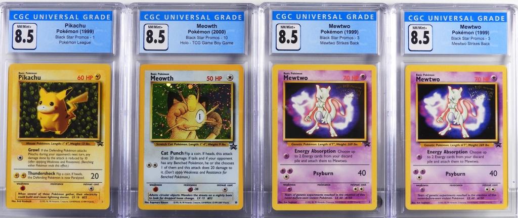 4PC Pokemon Black Star Promos CGC Card Group: United States,1999-2000 Group includes 1999 Pokemon Black Star Promos Pikachu (CGC 8.5), two Mewtwo (CGC 8.5), and 2000 Game Boy Promo Meowth (CGC 8.5) trading cards. CGC case 5 1/4" x 3"