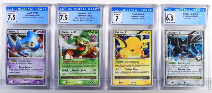 4PC Pokemon LV. X CGC Holographic Card Group: United States,2007-2009 Group includes 2007 Pokemon Diamond and Pearl Black Star Promos Torterra LV. X (CGC 7.5), 2008 Legends Awakened Azelf LV. X (CGC 7.5), Stormfront Raichu LV. X (CGC 7), and 2009