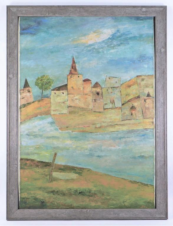 Ram Kumar Abstract Architectural Painting: Ram Kumar India,1924-2018 Part if the Beneras series, depicts brown buildings against a vibrant blue sky from the opposite side of a river. Kumar was a prolific artist that has been considered one of