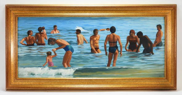 Alan Falk Summer Beach Scene Painting: Alan Falk United States, United Kingdom,b.1945 Depicts a crowded beach full of men and women wading in the water. Falk studied at the Manchester College of Art under Norman Adams before recieving the