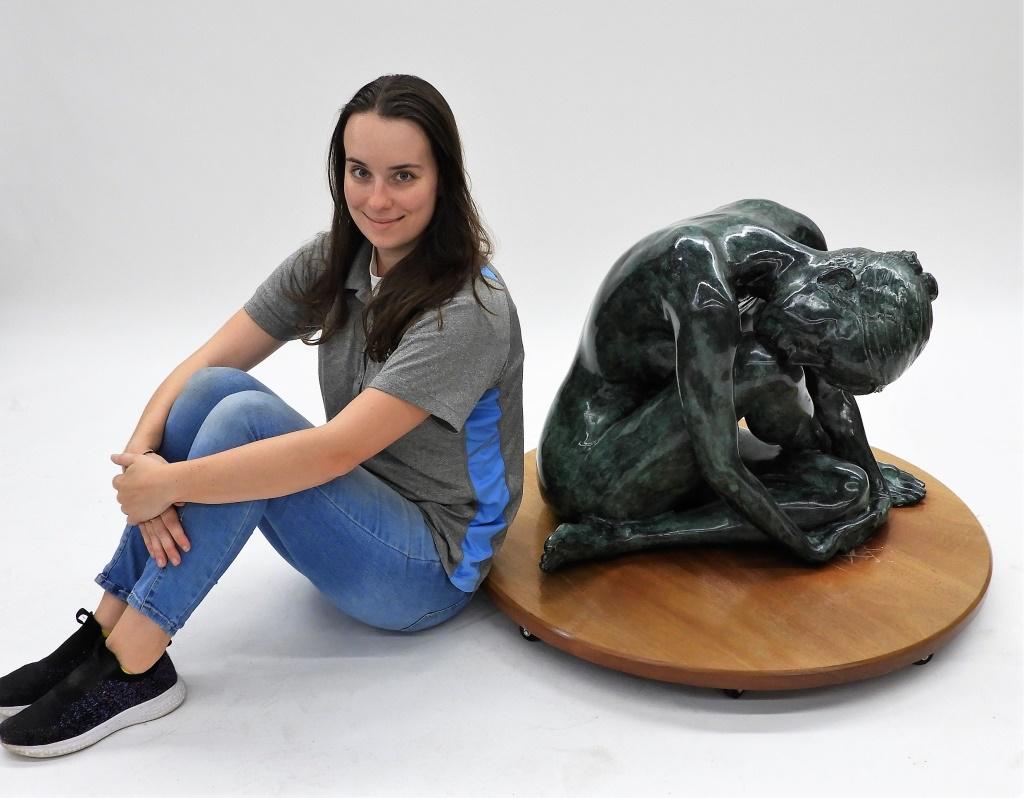 Peter Parkanyi Raab Bronze Nude Sculpture: Peter Parkanyi Raab Hungary,b. 1967 Depicts a nude woman with her head resting upon her knee, the sculpture is comprised of bronze with a plaster core over a wood base. Bronze, plaster, wood,Bronze ap