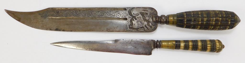 2PC Mediterranean Fighting Daggers: Mediterranean,19th Century Includes a large dagger decorated with a figural animal on blade and shell inlaid handle, and a small dagger with bone inlay handle. Largest blade 10 1/4" Largest overall 15