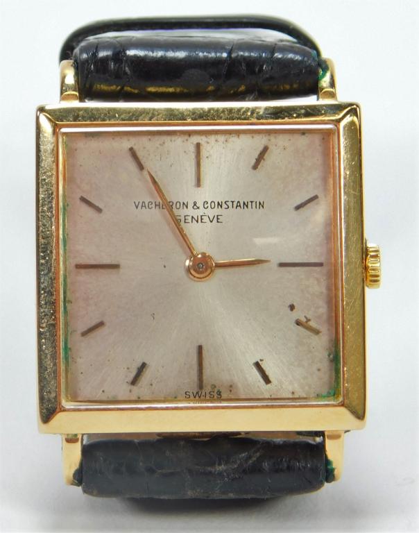 Vacheron & Constantin 18K Gold Ladies Watch: Switzerland,20th Century Square watch face with line hour chapters and genuine crocodile leather wrist band. 18K Gold,Face 22mm x 22mm.Overall length 8 3/4" Marked "Vacheron & Constantin Geneve Swiss"