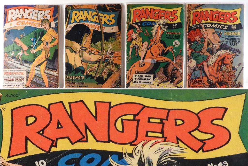4PC Fiction House Mag. Rangers Comics Golden Age: United States,20th Century Group includes Fiction House Magazines Rangers Comics issues #32 (2.5-3.0), #34 (0.5, no back cover), #43 (1.5-2.0), and #53 (2.0-2.5), please refer to photographs. Board 10