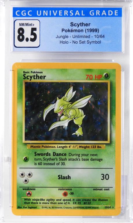 1999 Pokemon Jungle Unl. Scyther Error CGC 8.5: United States,1999 1999 Pokemon Jungle Unlimited Scyther holographic trading card. The card is a no set symbol error, CGC 8.5 NM/Mint+ CGC case 5 1/4" x 3"..