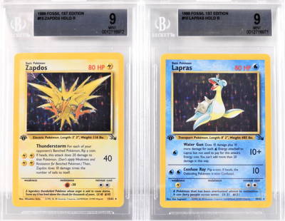 2PC Pokemon Fossil 1st Ed. Lapras Zapdos BGS 9: United States,1999 Group includes 1999 Pokemon Fossil 1st Edition Lapras and Zapdos holographic trading cards, both BGS 9 MINT. BGS case 5 1/8" x 3 1/4"..