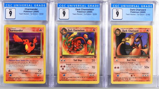 Pokemon 1st Dark Charmander Charmeleon Charizard: United States,2000 Group includes 2000 Pokemon 1st Edition Team Rocket Charmander (CGC 9), Dark Charmeleon (CGC 9), and Dark Charizard (CGC 9) trading cards. CGC case 5 1/4" x 3"..