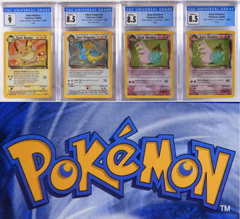 4PC 2000 Pokemon Team Rocket Unl. Holo CGC Group: United States,2000 Group includes 2000 Pokemon Team Rocket Unlimited Dark Dragonite (CGC 8.5), Dark Raichu (CGC 9), and two Dark Slowbro (CGC 8.5) holographic trading cards. CGC case 5 1/4" x 3"..