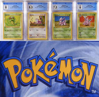 4PC 1999 Pokemon Base 1st Ed. CGC Card Group: United States,1999 Group includes 1999 Pokemon Base 1st edition Caterpie (CGC 9), Nidoran (CGC 7.5), Nidorino (CGC 6), and Rattata (CGC 8.5) trading cards. CGC case 5 1/4" x 3"..