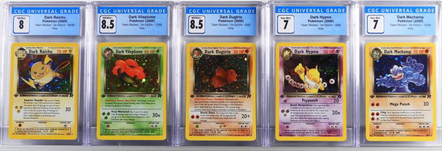 5PC Pokemon Team Rocket 1st Ed CGC Holo Card Group: United States,2000 Group includes 2000 Pokemon Team Rocket 1st Edition Dark Dugtrio (CGC 8.5), Dark Hypno (CGC 7), Dark Machamp (CGC 7), Dark Raichu 83/82 error (CGC 8), and Dark Vileplume (CGC 8.5) h