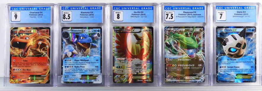 5PC Pokemon EX CGC Holographic Card Group: Japan, United States,2014-2016 Group includes 2014 Pokemon Flashfire Charizard EX (CGC 9), 2015 BREAKthrough Glalie EX (CGC 7), 2016 BREAKpoint Ho-Oh (CGC 8), Generations Blastoise EX (CGC 8.5), and 2