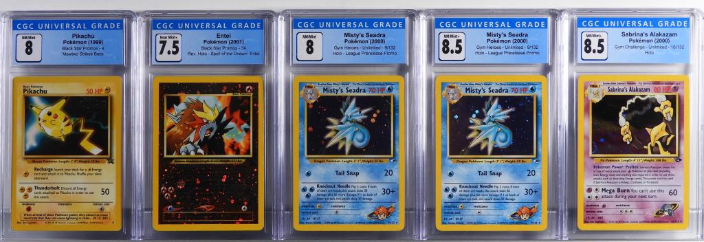 Pokemon Gym Challenge Heroes Black Star CGC Group: United States,1999-2001 Group includes 1999 Pokemon Black Star Promos Pikachu (CGC 8), two 2000 Gym Heroes Unlimited League Prerelease Misty's Seadra (CGC 8.5/8), Gym Challenge Sabrina's Alakazam (CGC